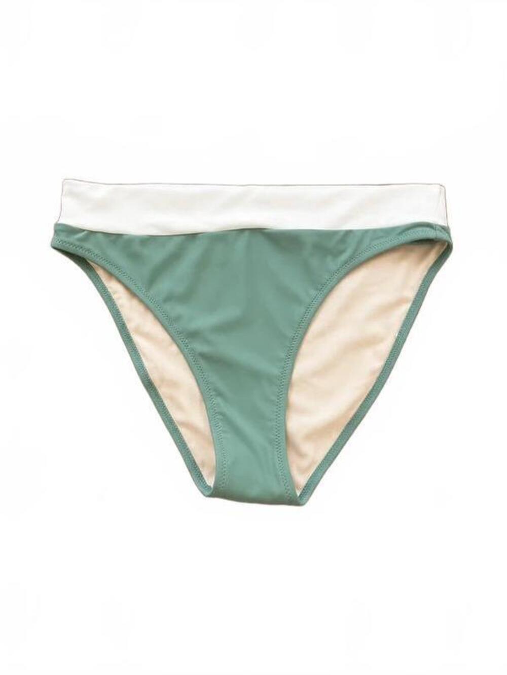 Blushing Brunette Sage Green & White High-Rise Bikini Bottom – Size Large
